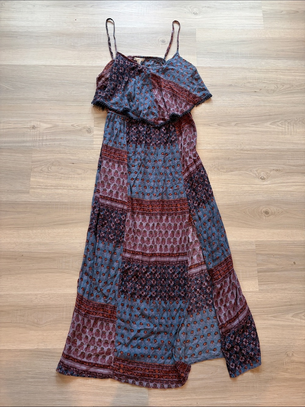 American Eagle 🦅 Boho Patchwork Maxi Dress in Slate Blue and Burgundy worn once!